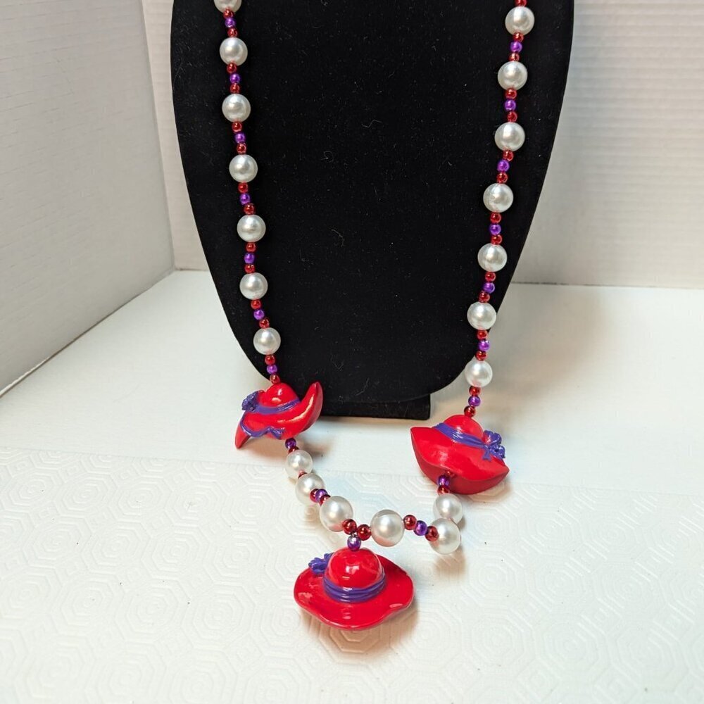 Purple & RED HAT SOCIETY Beaded NECKLACE Faux Pearl 40" Handmade Signed